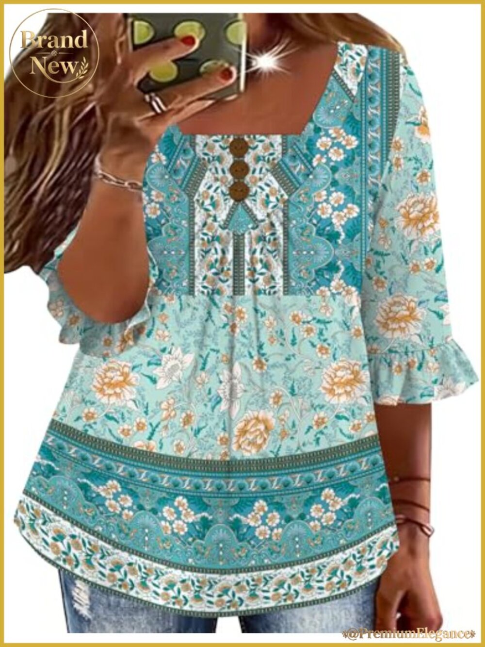 Plus Size 3/4 Ruffle Sleeve V-Neck Tunic Blouse Floral Print Dressy Casual Top